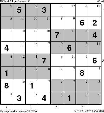 The grouppuzzles.com Difficult SuperSudoku-8 puzzle for Saturday April 18, 2026 with all 12 steps marked