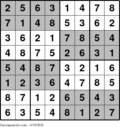 The grouppuzzles.com Answer grid for the SuperSudoku-8 puzzle for Saturday April 18, 2026