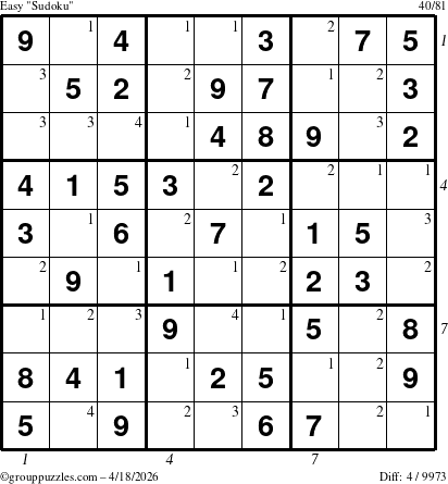 The grouppuzzles.com Easy Sudoku puzzle for Saturday April 18, 2026 with all 4 steps marked