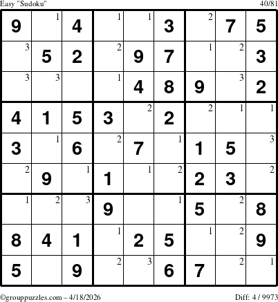 The grouppuzzles.com Easy Sudoku puzzle for Saturday April 18, 2026 with the first 3 steps marked