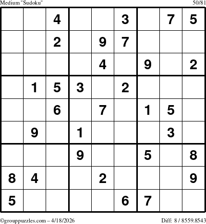 The grouppuzzles.com Medium Sudoku puzzle for Saturday April 18, 2026