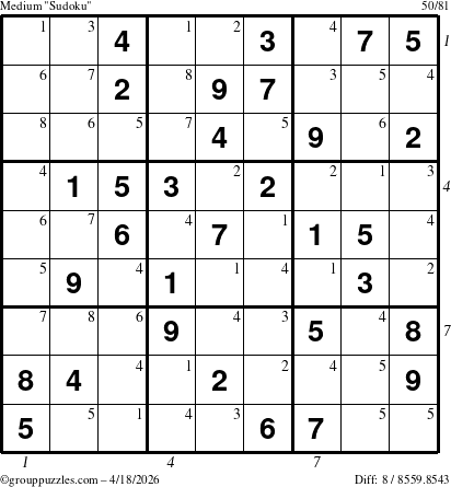 The grouppuzzles.com Medium Sudoku puzzle for Saturday April 18, 2026 with all 8 steps marked