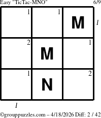The grouppuzzles.com Easy TicTac-MNO puzzle for Saturday April 18, 2026 with all 2 steps marked