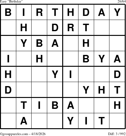 The grouppuzzles.com Easy Birthday puzzle for Saturday April 18, 2026