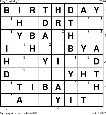 The grouppuzzles.com Easy Birthday puzzle for Saturday April 18, 2026, suitable for printing, with all 3 steps marked