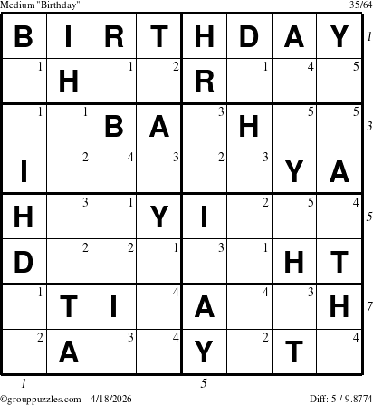 The grouppuzzles.com Medium Birthday puzzle for Saturday April 18, 2026, suitable for printing, with all 5 steps marked