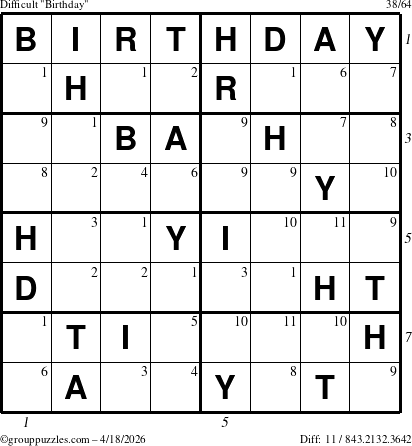 The grouppuzzles.com Difficult Birthday puzzle for Saturday April 18, 2026, suitable for printing, with all 11 steps marked