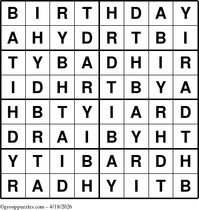 The grouppuzzles.com Answer grid for the Birthday puzzle for Saturday April 18, 2026