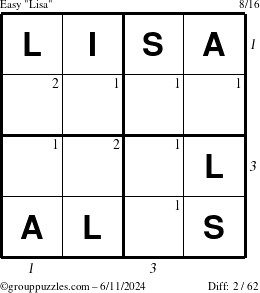 The grouppuzzles.com Easy Lisa puzzle for Tuesday June 11, 2024 with all 2 steps marked