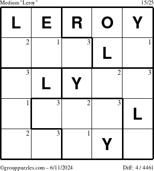 The grouppuzzles.com Medium Leroy puzzle for Tuesday June 11, 2024 with the first 3 steps marked