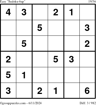 The grouppuzzles.com Easy Sudoku-6up puzzle for Tuesday June 11, 2024