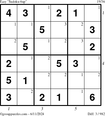 The grouppuzzles.com Easy Sudoku-6up puzzle for Tuesday June 11, 2024 with all 3 steps marked