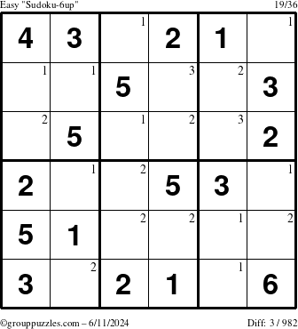 The grouppuzzles.com Easy Sudoku-6up puzzle for Tuesday June 11, 2024 with the first 3 steps marked