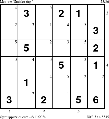 The grouppuzzles.com Medium Sudoku-6up puzzle for Tuesday June 11, 2024 with all 5 steps marked