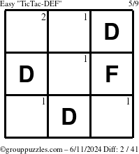 The grouppuzzles.com Easy TicTac-DEF puzzle for Tuesday June 11, 2024 with the first 2 steps marked