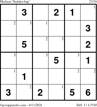 The grouppuzzles.com Medium Sudoku-6up puzzle for Tuesday June 11, 2024 with the first 3 steps marked