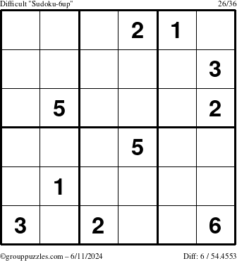 The grouppuzzles.com Difficult Sudoku-6up puzzle for Tuesday June 11, 2024