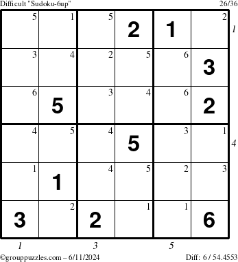 The grouppuzzles.com Difficult Sudoku-6up puzzle for Tuesday June 11, 2024 with all 6 steps marked