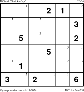 The grouppuzzles.com Difficult Sudoku-6up puzzle for Tuesday June 11, 2024 with the first 3 steps marked