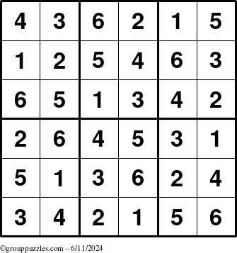 The grouppuzzles.com Answer grid for the Sudoku-6up puzzle for Tuesday June 11, 2024