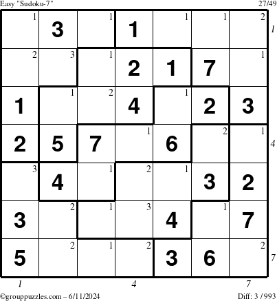 The grouppuzzles.com Easy Sudoku-7 puzzle for Tuesday June 11, 2024 with all 3 steps marked