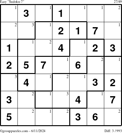 The grouppuzzles.com Easy Sudoku-7 puzzle for Tuesday June 11, 2024 with the first 3 steps marked