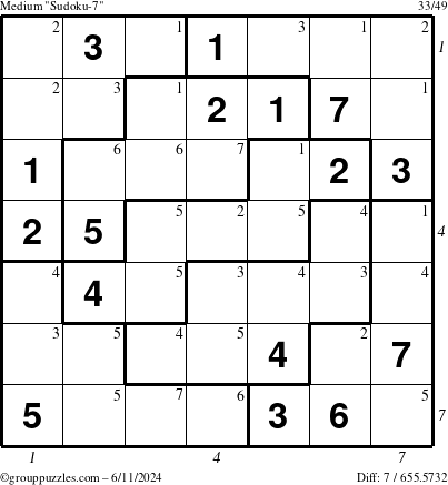 The grouppuzzles.com Medium Sudoku-7 puzzle for Tuesday June 11, 2024 with all 7 steps marked