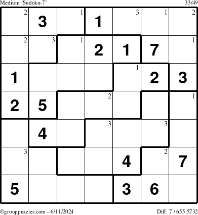 The grouppuzzles.com Medium Sudoku-7 puzzle for Tuesday June 11, 2024 with the first 3 steps marked