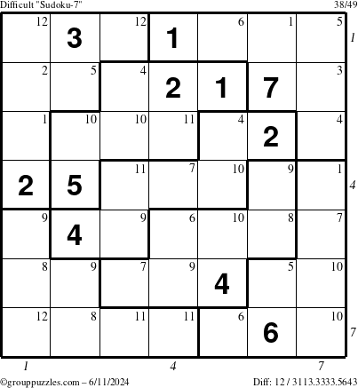 The grouppuzzles.com Difficult Sudoku-7 puzzle for Tuesday June 11, 2024 with all 12 steps marked