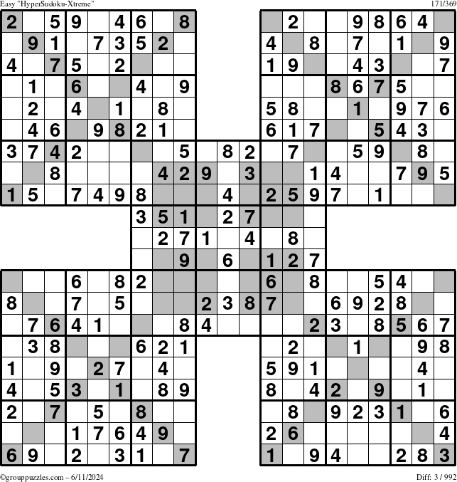 The grouppuzzles.com Easy HyperSudoku-Xtreme puzzle for Tuesday June 11, 2024