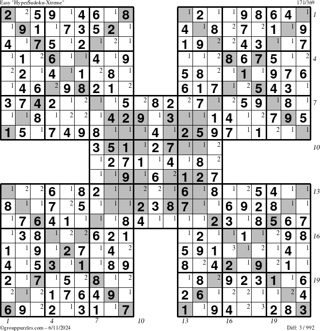 The grouppuzzles.com Easy HyperSudoku-Xtreme puzzle for Tuesday June 11, 2024, suitable for printing, with all 3 steps marked