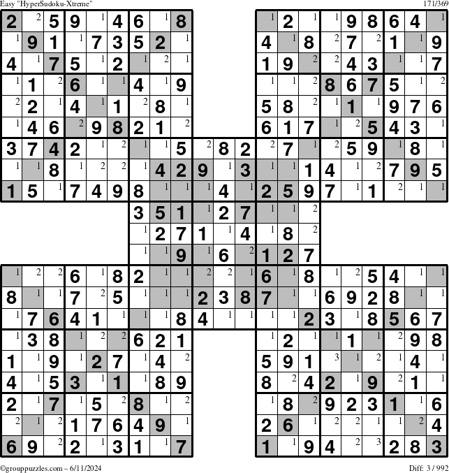 The grouppuzzles.com Easy HyperSudoku-Xtreme puzzle for Tuesday June 11, 2024 with the first 3 steps marked