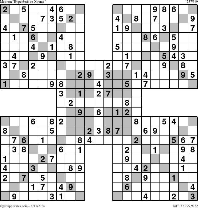 The grouppuzzles.com Medium HyperSudoku-Xtreme puzzle for Tuesday June 11, 2024