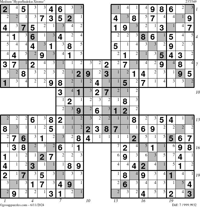 The grouppuzzles.com Medium HyperSudoku-Xtreme puzzle for Tuesday June 11, 2024 with all 7 steps marked