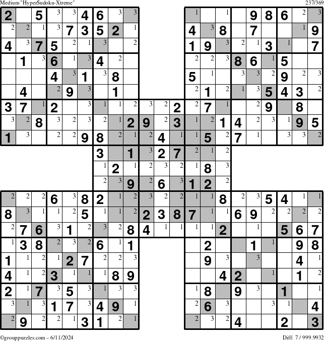 The grouppuzzles.com Medium HyperSudoku-Xtreme puzzle for Tuesday June 11, 2024 with the first 3 steps marked