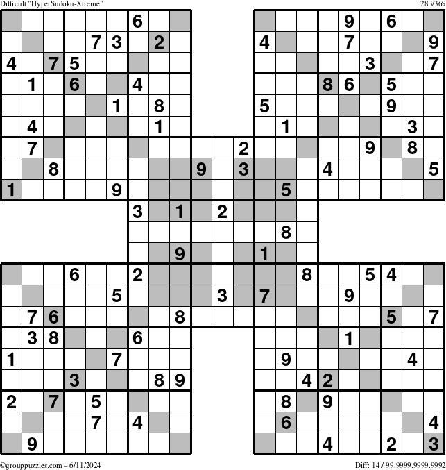 The grouppuzzles.com Difficult HyperSudoku-Xtreme puzzle for Tuesday June 11, 2024