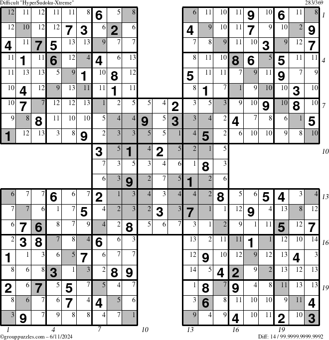 The grouppuzzles.com Difficult HyperSudoku-Xtreme puzzle for Tuesday June 11, 2024 with all 14 steps marked