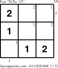 The grouppuzzles.com Easy TicTac-123 puzzle for Tuesday June 11, 2024 with all 2 steps marked