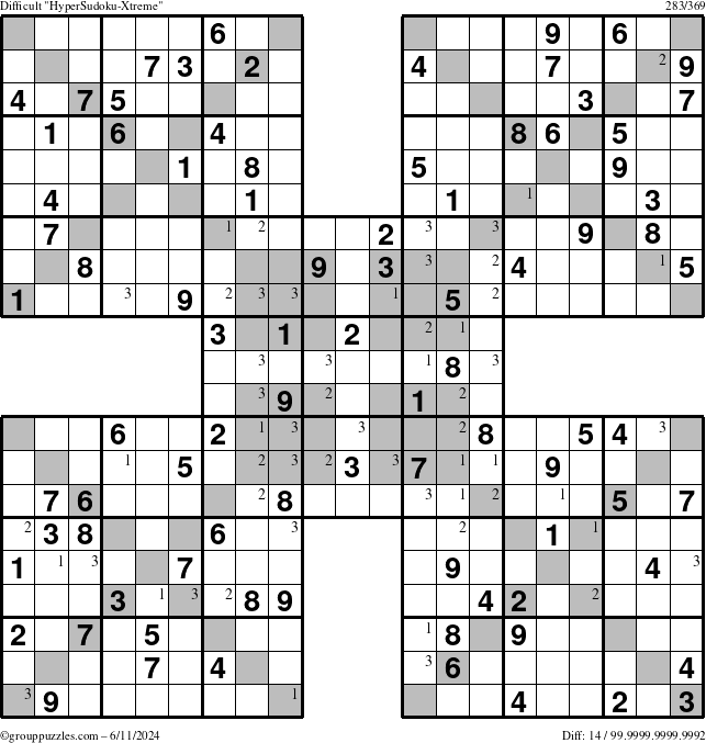 The grouppuzzles.com Difficult HyperSudoku-Xtreme puzzle for Tuesday June 11, 2024 with the first 3 steps marked