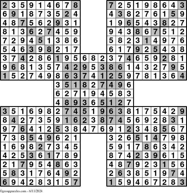 The grouppuzzles.com Answer grid for the HyperSudoku-Xtreme puzzle for Tuesday June 11, 2024