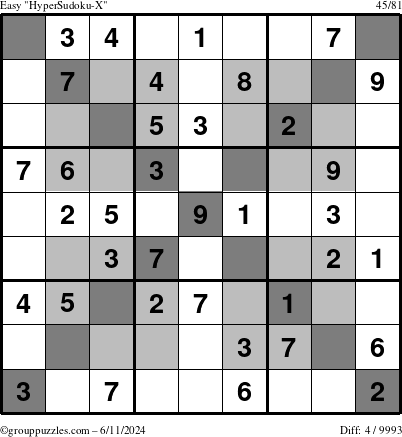 The grouppuzzles.com Easy HyperSudoku-X puzzle for Tuesday June 11, 2024