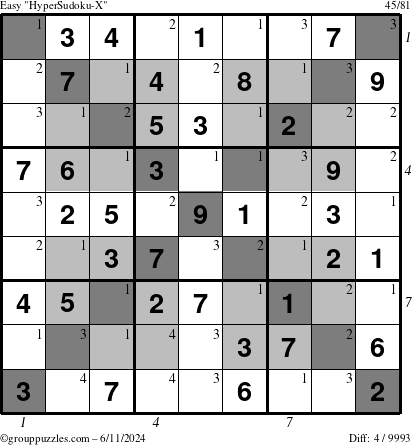 The grouppuzzles.com Easy HyperSudoku-X puzzle for Tuesday June 11, 2024 with all 4 steps marked