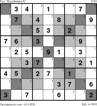 The grouppuzzles.com Easy HyperSudoku-X puzzle for Tuesday June 11, 2024 with the first 3 steps marked