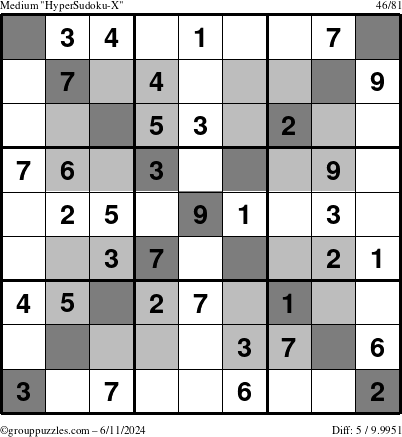 The grouppuzzles.com Medium HyperSudoku-X puzzle for Tuesday June 11, 2024