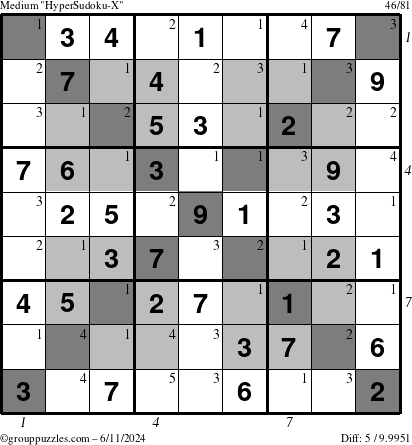 The grouppuzzles.com Medium HyperSudoku-X puzzle for Tuesday June 11, 2024 with all 5 steps marked