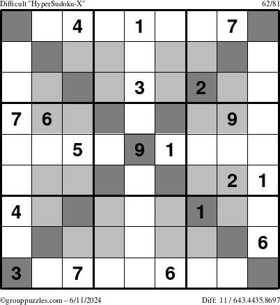 The grouppuzzles.com Difficult HyperSudoku-X puzzle for Tuesday June 11, 2024