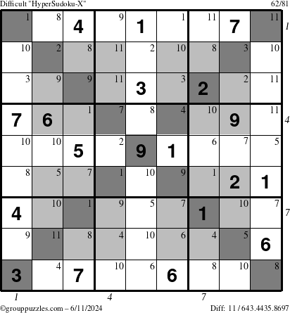 The grouppuzzles.com Difficult HyperSudoku-X puzzle for Tuesday June 11, 2024 with all 11 steps marked