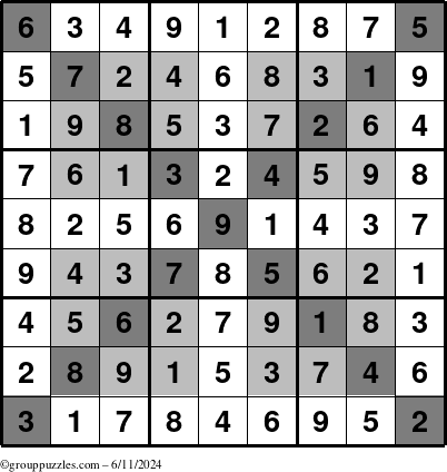 The grouppuzzles.com Answer grid for the HyperSudoku-X puzzle for Tuesday June 11, 2024