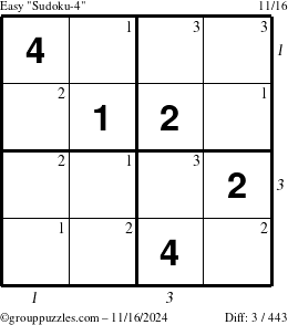 The grouppuzzles.com Easy Sudoku-4 puzzle for Saturday November 16, 2024 with all 3 steps marked