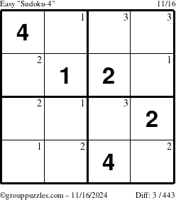 The grouppuzzles.com Easy Sudoku-4 puzzle for Saturday November 16, 2024 with the first 3 steps marked